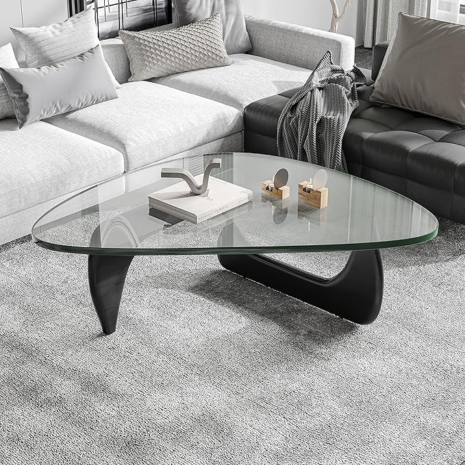 Noguchi Table Triangle Glass Coffee Table Vintage Glass End Table, Solid Wood Base and Triangle Clear Glass Top Modern End Table for Living Room, Patio, Study(Elegant Black)