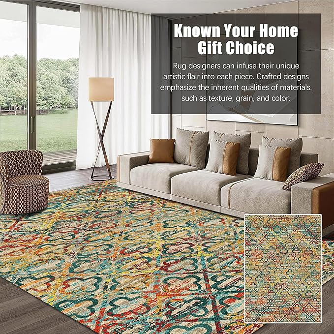 RUGSURE Washable Area Rugs, 8' x 10' - 1/6 Thick - Stain & Water Resistant Non-Slip - Perfect Resistant Rug for Living Room, Bedroom, Nursery, Pet & Child Friendly, Vibrant Colors Rugs, Multicolor