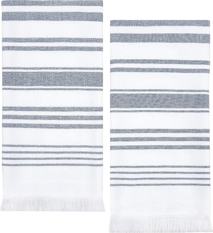 Sticky Toffee Hand Towels for Bathroom Set of 2 – 28x16 in White and Navy Blue Striped Turkish Towels, Soft and Absorbent Decorative 100% Cotton Bath Towels
