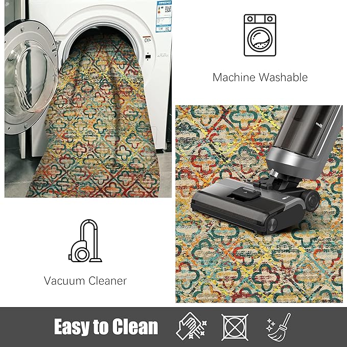 RUGSURE Washable Area Rugs, 2'6'' x 8' - 1/6 Thick - Stain & Water Resistant Non-Slip - Perfect Resistant Rug for Living Room, Bedroom, Nursery, Pet & Child Friendly, Vibrant Colors Rugs, Multicolor