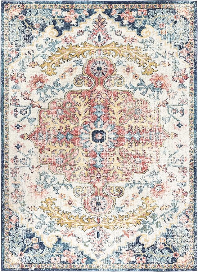 Livabliss Area Rugs - 7x9 Odelia Vintage Boho Aqua Burgandy Blue Area Rug for Living Room Bedroom - Floral Medallion Stain Resistant Carpet for Kitchen, Nursery, Office (6'7" x 9')