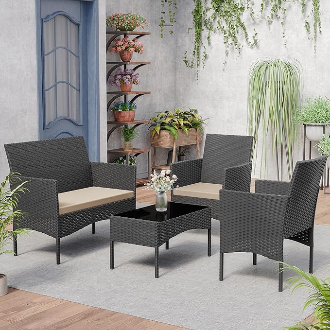 Kurapika Patio Furniture Set 4 Pieces Outdoor Wicker Rattan Chairs Conversation Sets w/Coffee Table, Rocking Bistro Set, for Patio Backyard Lawn (Sand)