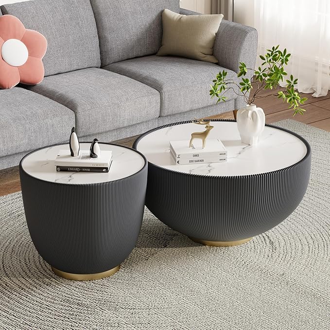 Grey Round Coffee Table with Sintered Stone Tabletop, 27.56" Drum Coffee Table with Fluted PU Leather Covered and Metal Base, Circle Cocktail Tea Table for Living Room