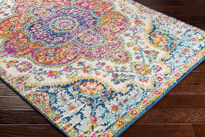 Livabliss Area Rugs - 7x9 Romaine Vintage Boho Fuchsia Mustard Blue Area Rug for Living Room Bedroom - Floral Medallion Stain Resistant Carpet for Kitchen, Nursery, Office (6'7" x 9')
