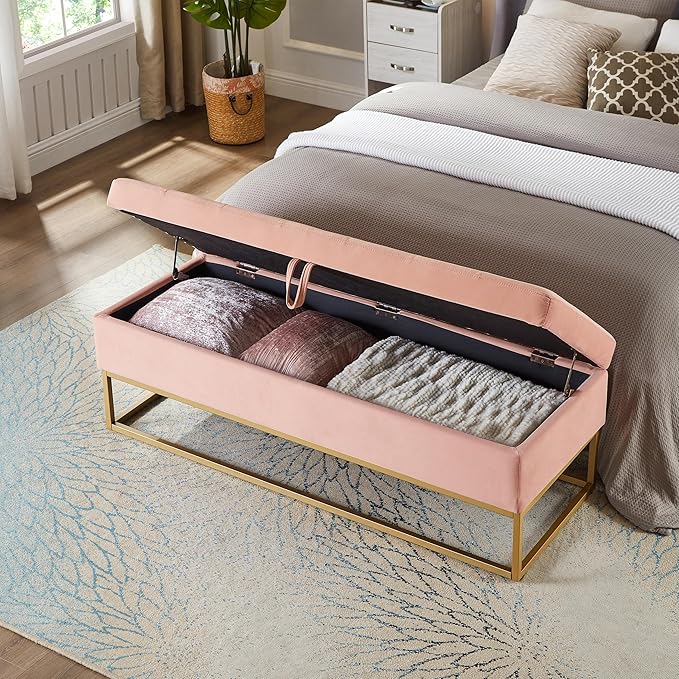 mikibama Velvet Storage Bench,58.6" Long Ottoman with Storage for Living Room,Tufted Storage Benches for Bedroom End of Bed,Entryway,Rectangle Window Seating Bench with Storage. (Velvet Pink)