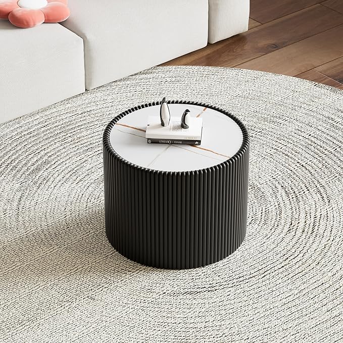 Round Coffee Table Set with Sintered Stone Tabletop, 29.52" Grey Drum Center Table and 17.71" Black Coffee Table Set, 2 Pieces Living Room Table Set with Fluted PU Leather Cover& Stable Base