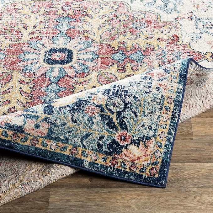 Livabliss Area Rugs - 5x7 Odelia Vintage Boho Aqua Burgandy Blue Area Rug for Living Room Bedroom - Floral Medallion Stain Resistant Carpet for Kitchen, Nursery, Office (5'3" x 7'3")