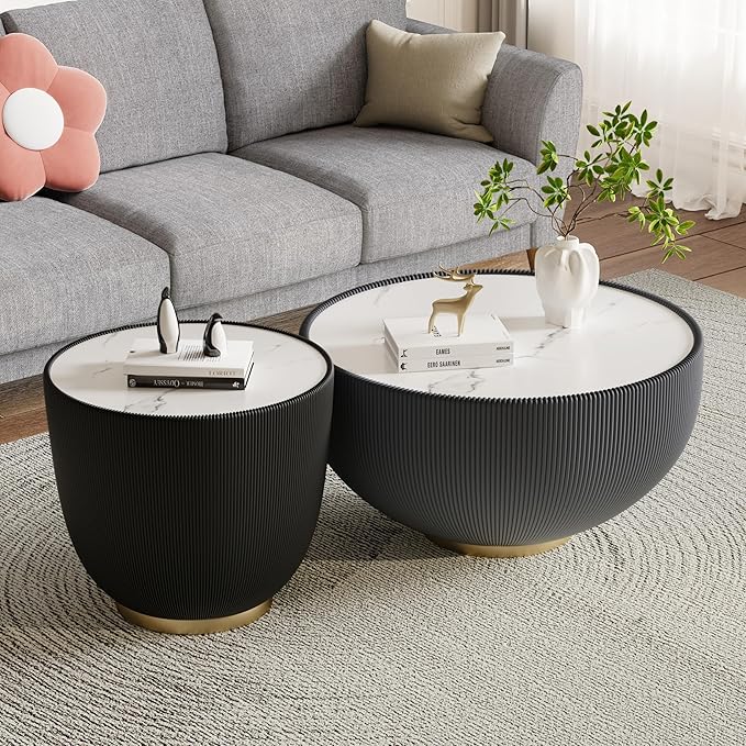 Grey Round Coffee Table with Sintered Stone Tabletop, 27.56" Drum Coffee Table with Fluted PU Leather Covered and Metal Base, Circle Cocktail Tea Table for Living Room