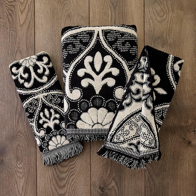SKL Home Amherst Medallion 100% Cotton Premium 2-Piece Hand Towel Set, 600 GSM, Reversible Jacquard, Soft & Absorbent, Decorative for Bath/Kitchen/Bar & Gift, Black