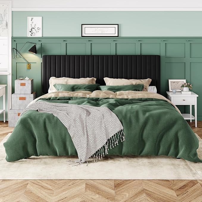 Allewie King Platform Bed Frame, Velvet Upholstered with Adjustable Vertical Channel Tufted Headboard, Mattress Foundation with Strong Wooden Slats, Box Spring Optional, Easy Assembly, Black