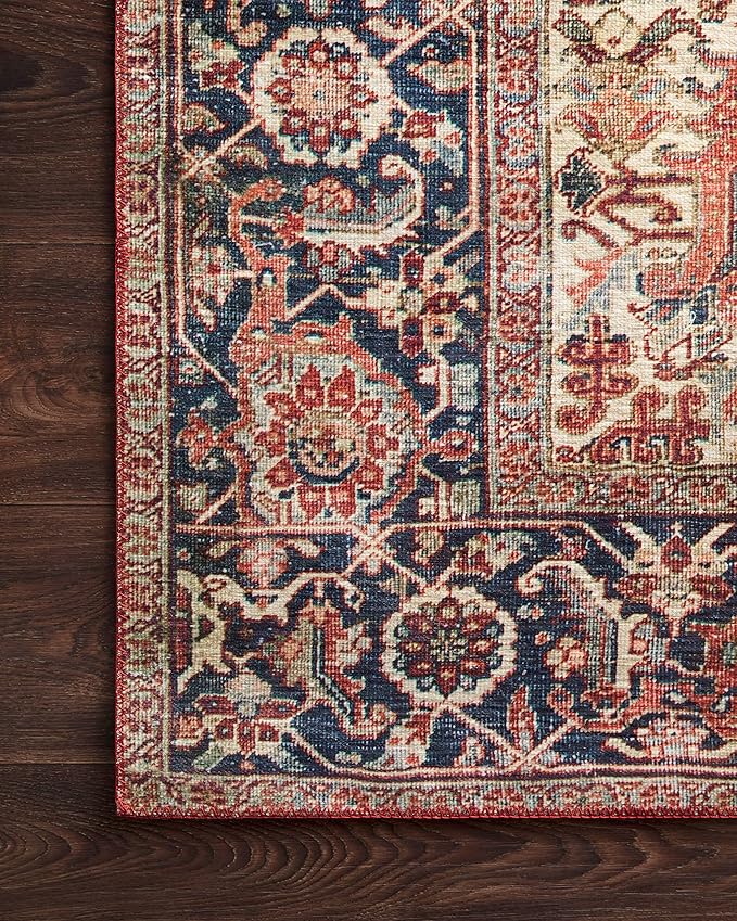 Loloi Layla Collection LAY-08 Red/Navy 2'-6" x 7'-6" .13" Thick Runner Rug, Soft, Durable, Vintage Inspired, Distressed, Low Pile, Non-Shedding, Easy Clean, Printed, Living Room Rug