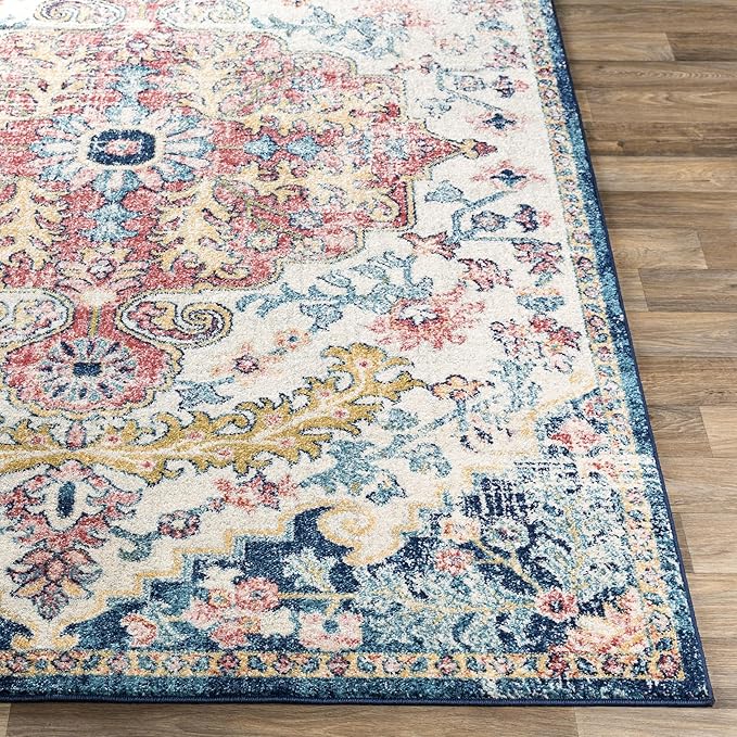 Livabliss Area Rugs - 5ft Round Odelia Vintage Boho Aqua Burgandy Blue Round Area Rug for Living Room Bedroom - Floral Medallion Stain Resistant Carpet for Kitchen, Nursery, Office (5'3" Round)