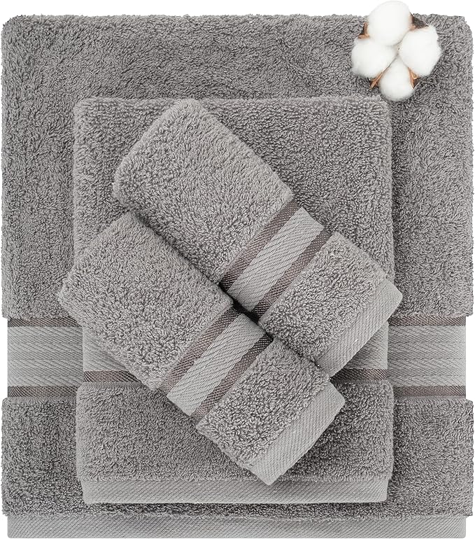 6 Piece 100% Turkish Cotton Towel Set, 2 Bath Towels 2 Hand Towels 2 Washcloths, Soft Absorbent Towels for Bathroom and Kitchen, Cool Gray