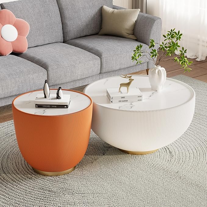 Orange Round Coffee Table with Sintered Stone Tabletop, 19.69 Drum Coffee Table with Fluted PU Leather Covered and Metal Base, Circle Cocktail Tea Table for Living Room