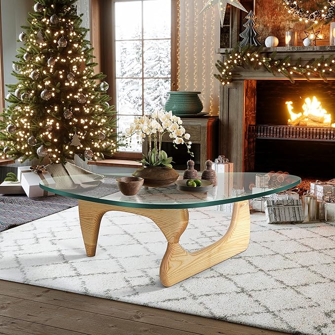 Noguchi Triangle Glass Coffee Table with Solid Wood Base, Vintage Clear Glass Top Modern Design for Living Room, Patio, Study, White Ash