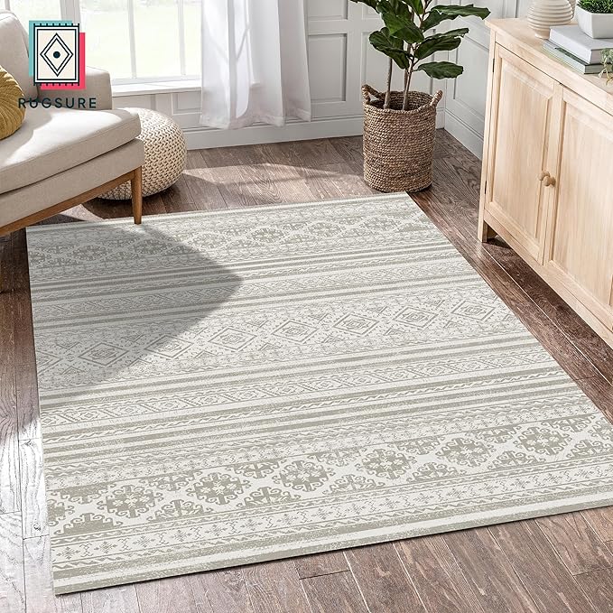 RUGSURE Washable Area Rugs 4' x 6' - 1/6 Thick - Moroccan-Inspired -Stain & Water Resistant Non-Slip - Resistant Rug for Living Room, Bedroom, Nursery, Pet & Child Friendly (Grey)