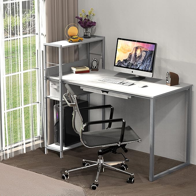 SHW 46-Inch Home Office Mission Computer Desk with Side Shelf and Drawer, White