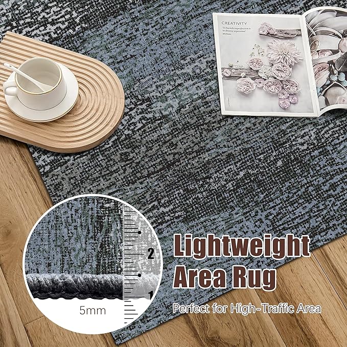 RUGSURE Washable Area Rug - 1/6 Thick - Stain & Water Resistant Non-Slip - Resistant Rug for Living Room, Bedroom, Nursery, Pet & Child Friendly, Vintage Charm Area Rugs (Darkgrey+Bule, 6' x 9')