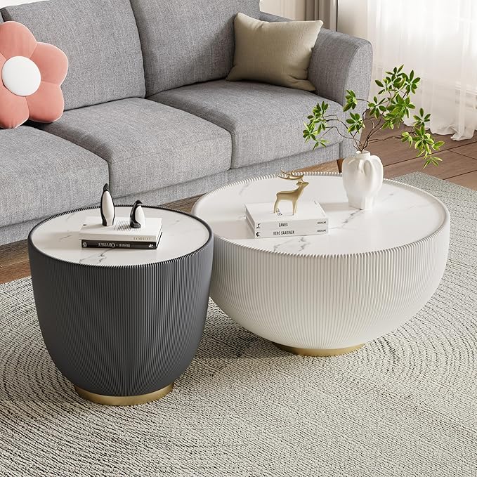 Grey Round Coffee Table with Sintered Stone Tabletop, 19.69 Drum Coffee Table with Fluted PU Leather Covered and Metal Base, Circle Cocktail Tea Table for Living Room