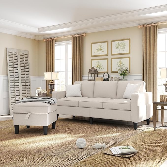 ZeeFu Couch for Living Room - 78'' Beige Linen 3 Seat L-Shaped Sectional Sofa Couches with Storage Ottoman - Modern Small Space Upholstered Furniture Sofa Set for Office Small Space Apartment Bedroom