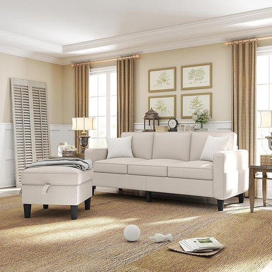 ZeeFu Couch for Living Room - 78'' Beige Linen 3 Seat L-Shaped Sectional Sofa Couches with Storage Ottoman - Modern Small Space Upholstered Furniture Sofa Set for Office Small Space Apartment Bedroom