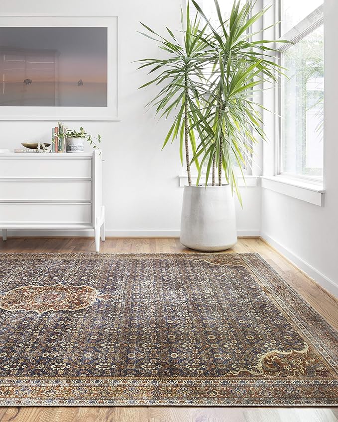 Loloi Layla Collection LAY-09 Cobalt Blue/Spice 7'-6" x 9'-6" .13" Thick Area Rug, Soft, Durable, Vintage Inspired, Distressed, Low Pile, Non-Shedding, Easy Clean, Printed, Living Room Rug