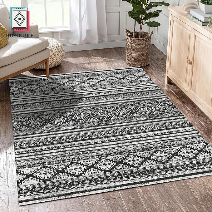 RUGSURE Washable Area Rugs 4' x 6' - 1/6 Thick - Moroccan-Inspired -Stain & Water Resistant Non-Slip - Resistant Rug for Living Room, Bedroom, Nursery, Pet & Child Friendly (Black)