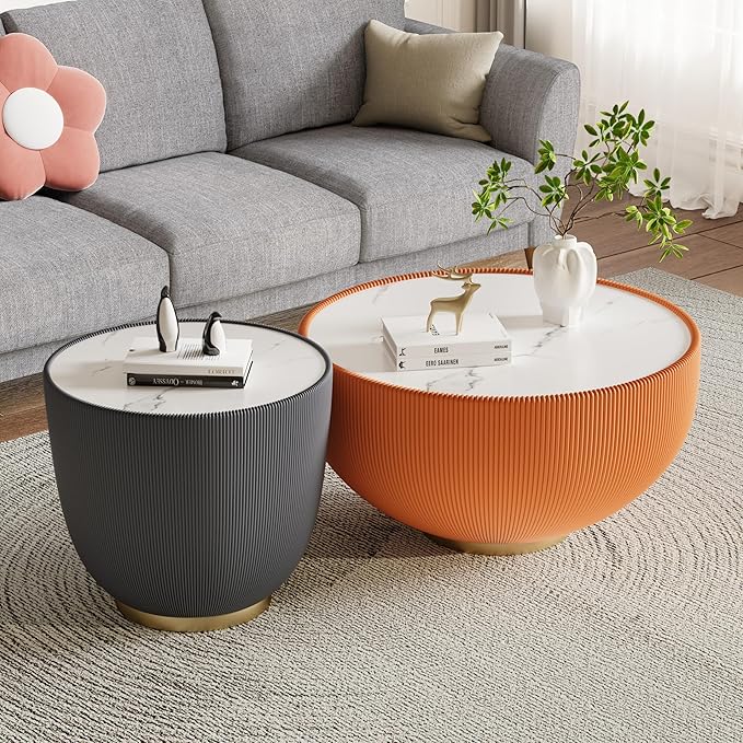 Round Coffee Table Set with Sintered Stone Tabletop, 29.53" Orange Drum Center Table and 19.69" Grey Coffee Table Set, 2 Pieces Living Room Table Set with Fluted PU Leather Cover& Metal Base