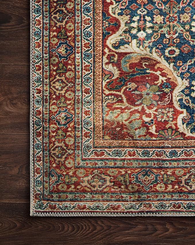 Loloi Layla Collection LAY-09 Cobalt Blue/Spice 9'-0" x 12'-0" .13" Thick Area Rug, Soft, Durable, Vintage Inspired, Distressed, Low Pile, Non-Shedding, Easy Clean, Printed, Living Room Rug