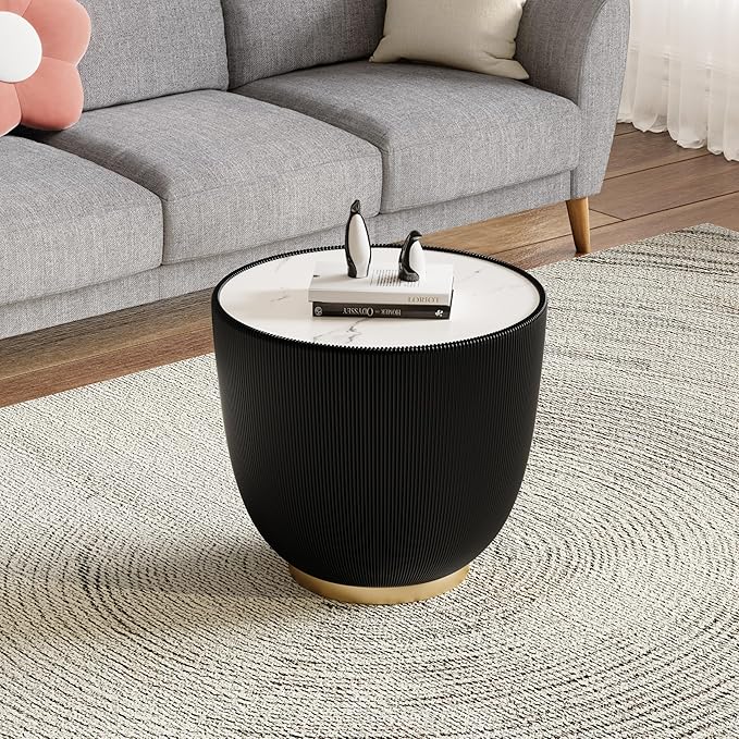 Black Round Coffee Table with Sintered Stone Tabletop, 19.69 Drum Coffee Table with Fluted PU Leather Covered and Metal Base, Circle Cocktail Tea Table for Living Room