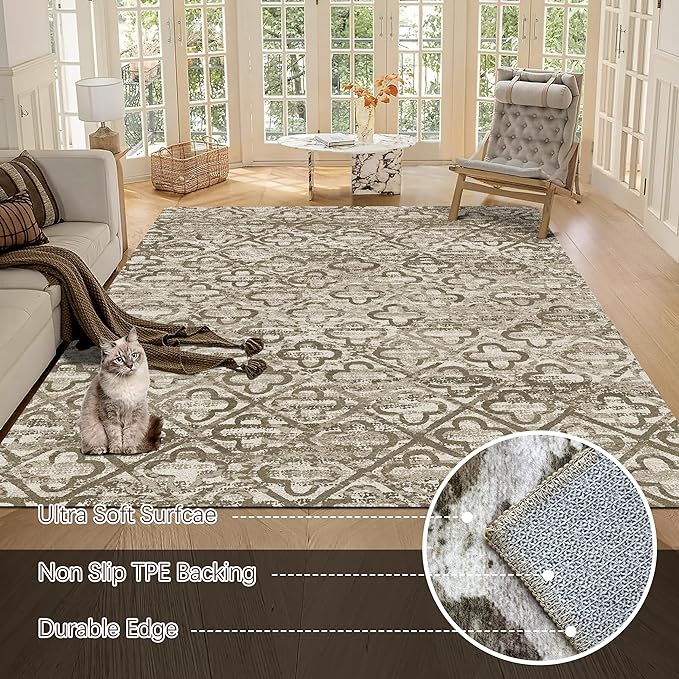 RUGSURE Washable Area Rugs, 9' x 12' - 1/6 Thick - Stain & Water Resistant Non-Slip - Perfect Resistant Rug for Living Room, Bedroom, Nursery, Pet & Child Friendly, Vibrant Colors Rugs, Brown