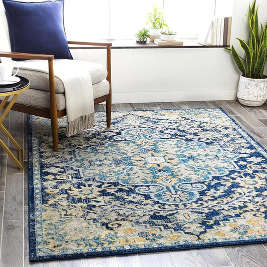 Livabliss Area Rugs - 8x10 Odelia Vintage Boho Blue Aqua Slate Area Rug for Living Room Bedroom - Floral Medallion Stain Resistant Carpet for Kitchen, Nursery, Office (7'10" x 10')