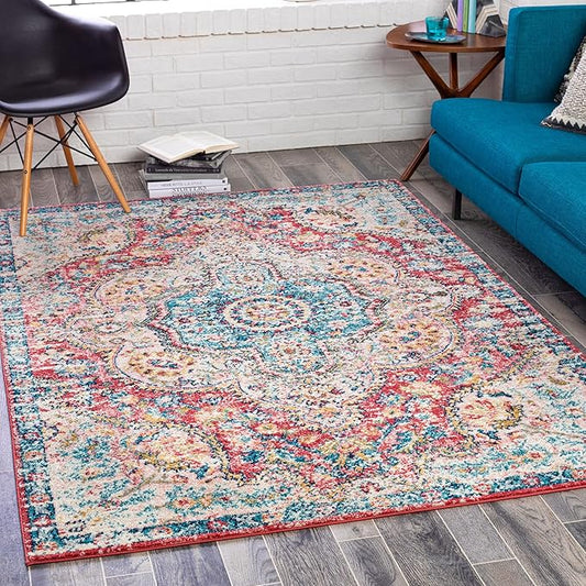 Livabliss Area Rugs - 2x3 Romaine Vintage Boho Rose Navy Sky Blue Area Rug for Living Room Bedroom - Floral Medallion Stain Resistant Carpet for Kitchen, Nursery, Office (2' x 3')