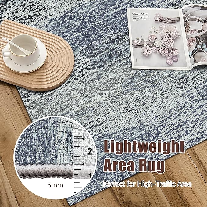 RUGSURE Washable Area Rug - 1/6 Thick - Stain & Water Resistant Non-Slip - Resistant Rug for Living Room, Bedroom, Nursery, Pet & Child Friendly, Vintage Charm Area Rugs (Grey+LightTeal, 5' x 7')