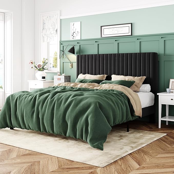 Allewie Queen Bed Frame, Velvet Upholstered Platform Bed with Vertical Channel Tufted Headboard, Mattress Foundation with Strong Wooden Slats, Box Spring Optional, Easy Assembly, Black