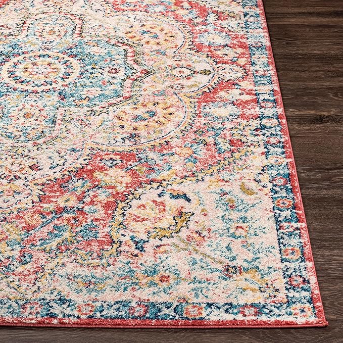Livabliss Area Rugs - 8x10 Romaine Vintage Boho Rose Navy Sky Blue Area Rug for Living Room Bedroom - Floral Medallion Stain Resistant Carpet for Kitchen, Nursery, Office (7'10" x 10'3")