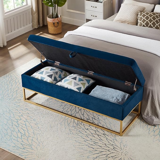 mikibama Velvet Storage Bench,58.6" Long Ottoman with Storage for Living Room,Tufted Storage Benches for Bedroom End of Bed,Entryway,Rectangle Window Seating Bench with Storage. (Velvet Navy)