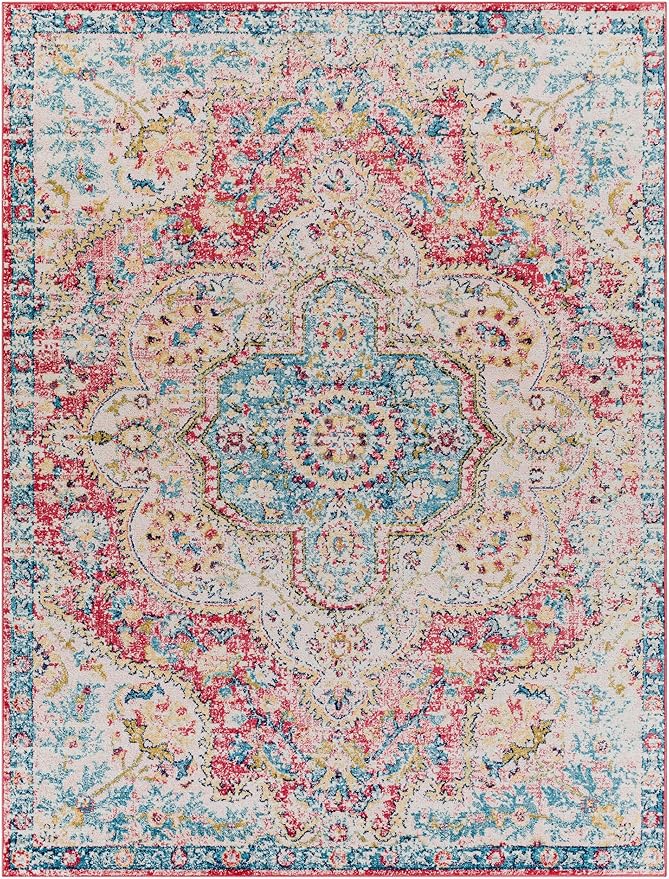 Livabliss Area Rugs - 8x10 Romaine Vintage Boho Rose Navy Sky Blue Area Rug for Living Room Bedroom - Floral Medallion Stain Resistant Carpet for Kitchen, Nursery, Office (7'10" x 10'3")