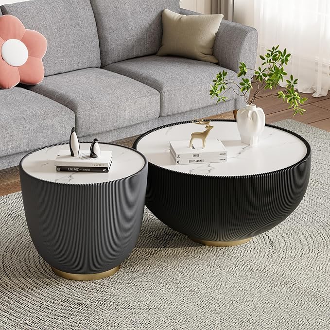 Grey Round Coffee Table with Sintered Stone Tabletop, 19.69 Drum Coffee Table with Fluted PU Leather Covered and Metal Base, Circle Cocktail Tea Table for Living Room