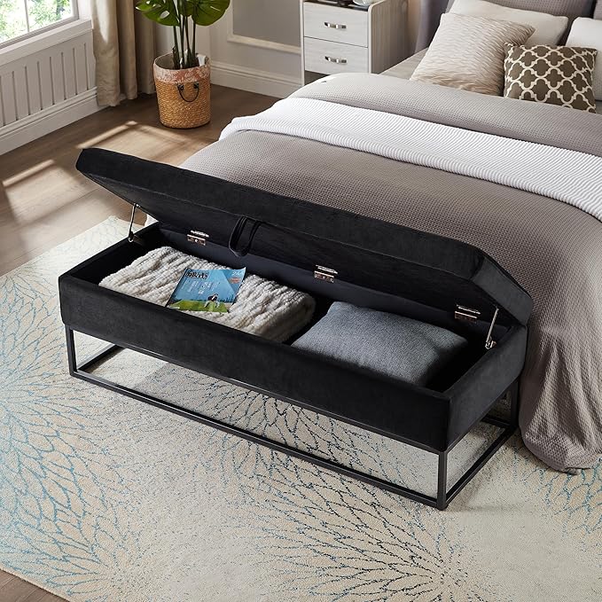 mikibama Velvet Storage Bench,58.6" Long Ottoman with Storage for Living Room,Tufted Storage Benches for Bedroom End of Bed,Entryway,Rectangle Window Seating Bench with Storage. (Velvet Black)