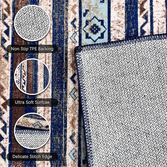 RUGSURE Washable Area Rugs 3' x 5 ' - 1/6 Thick - Moroccan-Inspired -Stain & Water Resistant Non-Slip - Resistant Rug for Living Room, Bedroom, Nursery, Pet & Child Friendly (Blue and Brown)