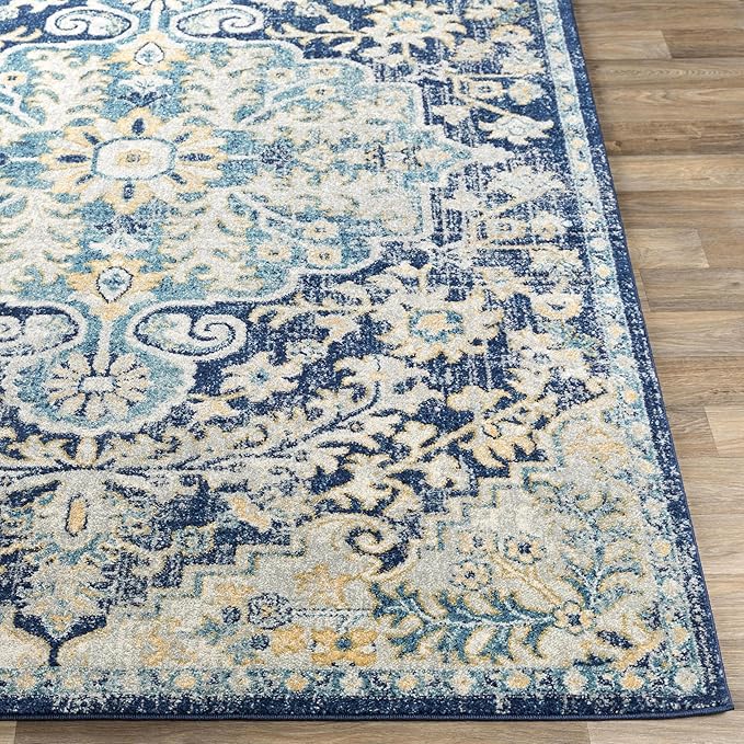 Livabliss Area Rugs - 7x9 Odelia Vintage Boho Blue Aqua Slate Area Rug for Living Room Bedroom - Floral Medallion Stain Resistant Carpet for Kitchen, Nursery, Office (6'7" x 9')