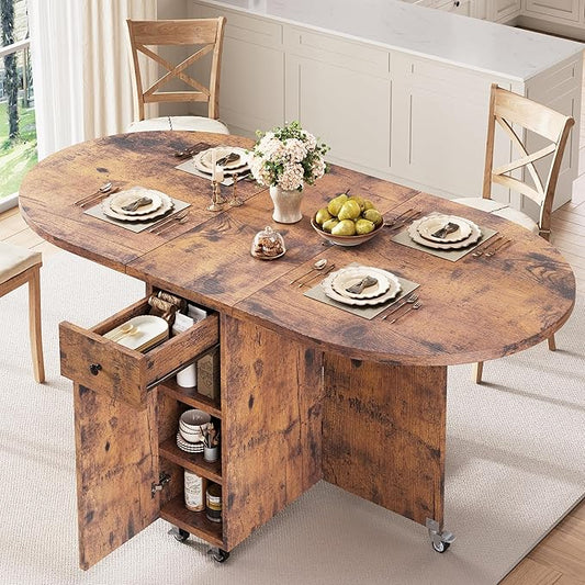 Folding Dining Table for 4 Kitchen Dining Room DinnerTable with Storage Drawer Space Saving Oval Foldable Drop Leaf Gateleg Furniture for Small Space (Vintage, 47 * 23.6 * 30)
