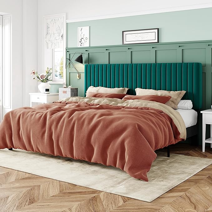 Allewie King Bed Frame, Velvet Upholstered Platform Bed with Adjustable Vertical Channel Tufted Headboard, Mattress Foundation with Strong Wooden Slats, Box Spring Optional, Easy Assembly, Teal