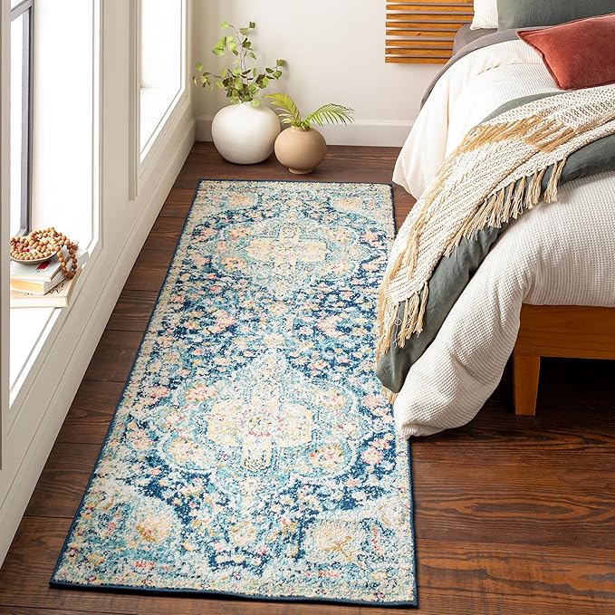 Livabliss Area Rugs - 3x7 Romaine Vintage Boho Navy Sky Blue Rose Runner Area Rug for Living Room Bedroom - Floral Medallion Stain Resistant Carpet for Kitchen, Nursery, Office (2'7" x 7'6", Runner)