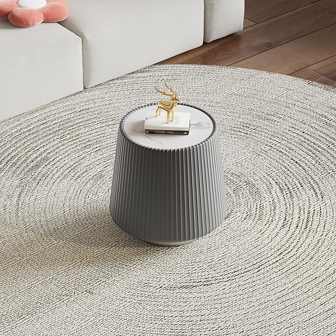 Grey Round Coffee Table with Sintered Stone Tabletop, 17.71" Drum Coffee Table with Fluted PU Leather Covered and Stable Base, Circle Cocktail Tea Table for Living Room