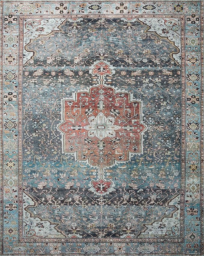 Loloi Margot Collection MAT-05 Ocean/Brick 2'-0" x 5'-0" Accent Rug feat. CloudPile, No-Shed Easy Clean Large Patterned Area Rug for Living Room, Bedroom, Dining Area
